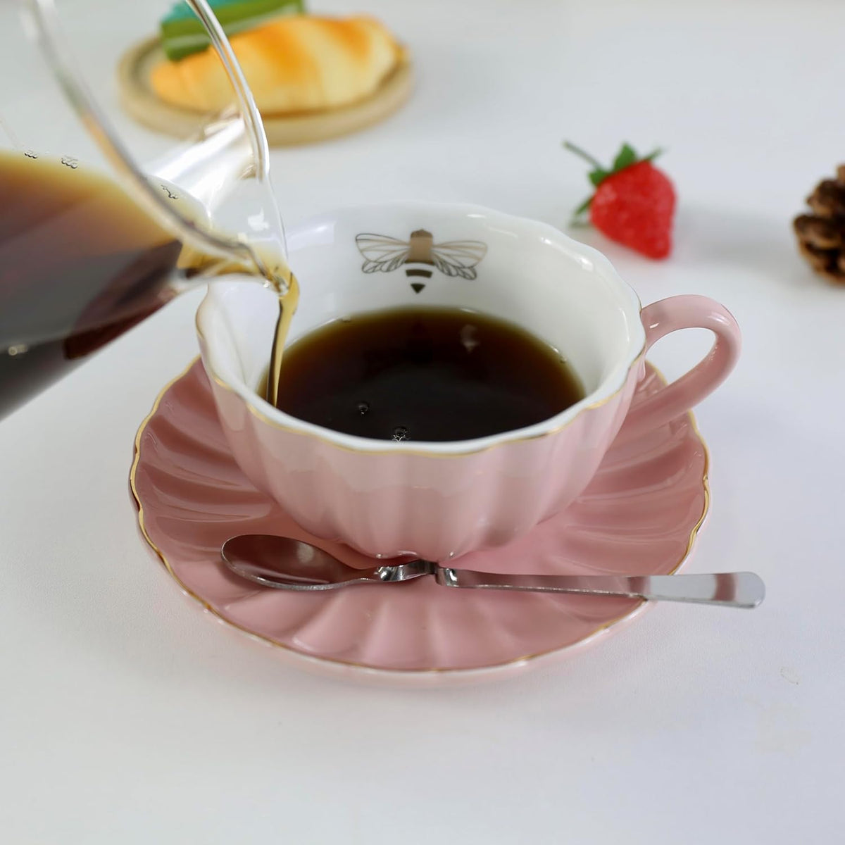 Ceramic Cup& Saucer Set, 9oz, Gold Bee Inside the Cup (Pink)