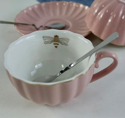 Ceramic Cup& Saucer Set, 9oz, Gold Bee Inside the Cup (Pink)