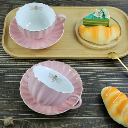 Ceramic Cup& Saucer Set, 9oz, Gold Bee Inside the Cup (Pink)