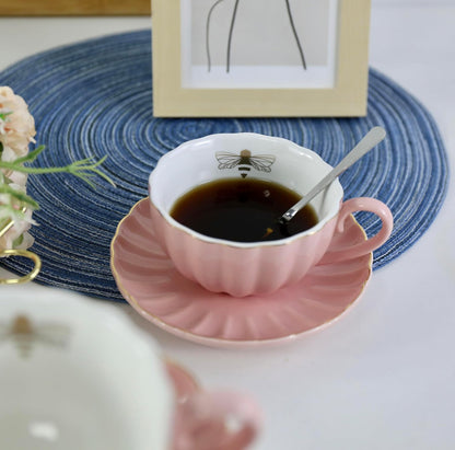 Ceramic Cup& Saucer Set, 9oz, Gold Bee Inside the Cup (Pink)