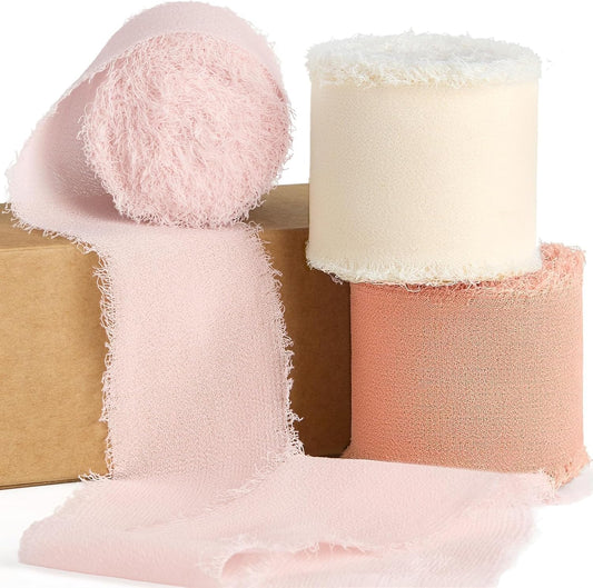 Blush Pink Chiffon Ribbon 1.5 Inch x 21 Yards Light Pink & Ivory Handmade Frayed Edges Chiffon Silk Ribbon for Gift Wrapping Wedding Invitations Bridal Bouquets Crafts Home Decor