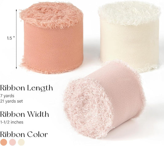 Blush Pink Chiffon Ribbon 1.5 Inch x 21 Yards Light Pink & Ivory Handmade Frayed Edges Chiffon Silk Ribbon for Gift Wrapping Wedding Invitations Bridal Bouquets Crafts Home Decor