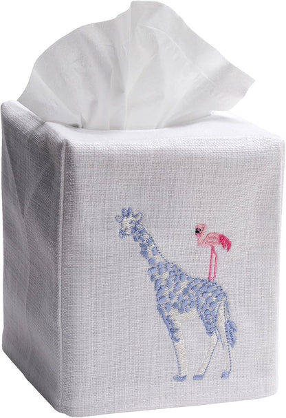 Decorative Nursery Tissue Box Cover – Soft Linen Cotton Square Tissue Holder for Baby Nursery, Kids Bathroom & Child’s Room Décor, Blue Giraffe & Pink Flamingo Embroidery