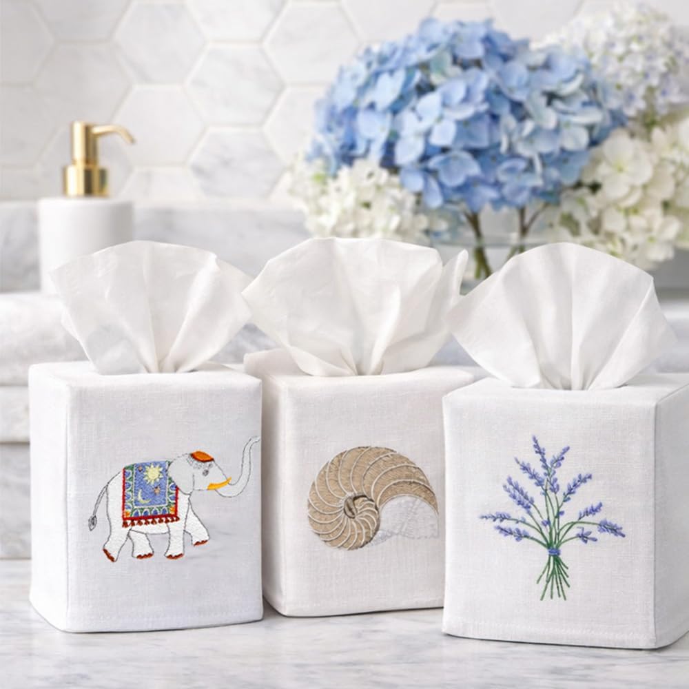 Decorative Nursery Tissue Box Cover – Soft Linen Cotton Square Tissue Holder for Baby Nursery, Kids Bathroom & Child’s Room Décor, Blue Giraffe & Pink Flamingo Embroidery