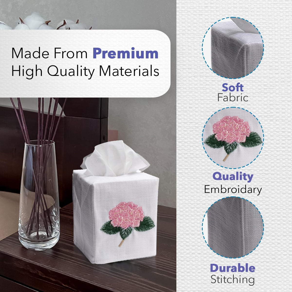 Decorative Nursery Tissue Box Cover – Soft Linen Cotton Square Tissue Holder for Baby Nursery, Kids Bathroom & Child’s Room Décor, Blue Giraffe & Pink Flamingo Embroidery
