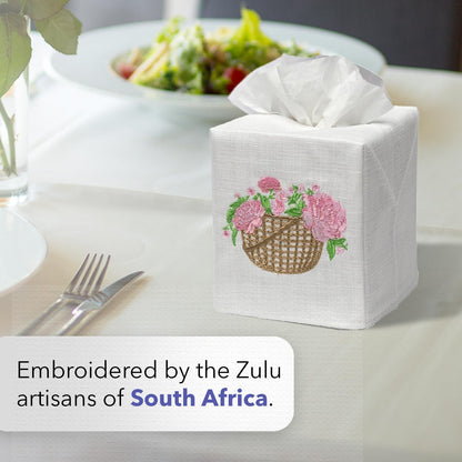 Decorative Nursery Tissue Box Cover – Soft Linen Cotton Square Tissue Holder for Baby Nursery, Kids Bathroom & Child’s Room Décor, Blue Giraffe & Pink Flamingo Embroidery