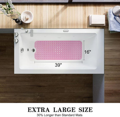 Bathtub and Shower Mats, Extra Long Non-Slip Bath Tub Mat 39 x 16 Inch, Machine Washable Bathmat with Suction Cups & Drain Holes for Bathroom Floor, Pink