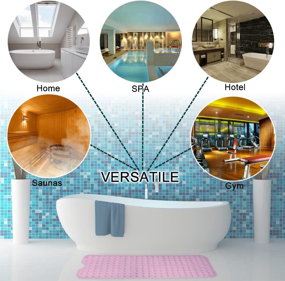 Bathtub and Shower Mats, Extra Long Non-Slip Bath Tub Mat 39 x 16 Inch, Machine Washable Bathmat with Suction Cups & Drain Holes for Bathroom Floor, Pink