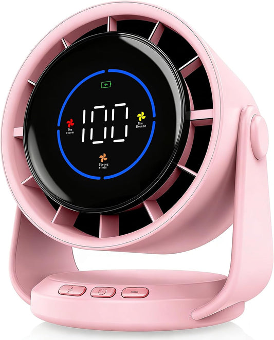 Desk Fan, Turbo Table Fan for Bedroom, 100-Speed Digital Display, Low Noise, 105° Adjustable Tilt, 7.5-inch, Rechargeable Battery, Wall-Mouted Design for Home, Office, Travel Pink