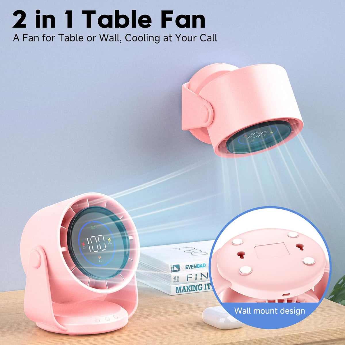 Desk Fan, Turbo Table Fan for Bedroom, 100-Speed Digital Display, Low Noise, 105° Adjustable Tilt, 7.5-inch, Rechargeable Battery, Wall-Mouted Design for Home, Office, Travel Pink