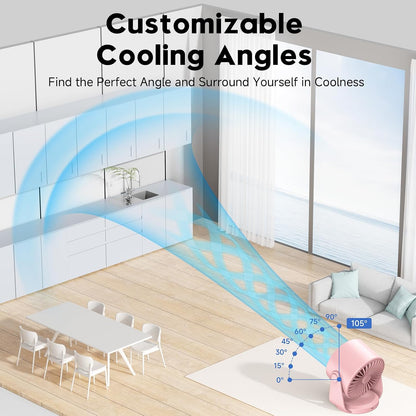 Desk Fan, Turbo Table Fan for Bedroom, 100-Speed Digital Display, Low Noise, 105° Adjustable Tilt, 7.5-inch, Rechargeable Battery, Wall-Mouted Design for Home, Office, Travel Pink