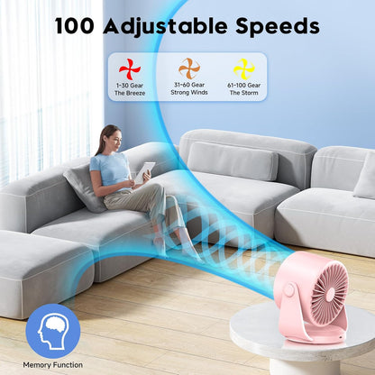 Desk Fan, Turbo Table Fan for Bedroom, 100-Speed Digital Display, Low Noise, 105° Adjustable Tilt, 7.5-inch, Rechargeable Battery, Wall-Mouted Design for Home, Office, Travel Pink