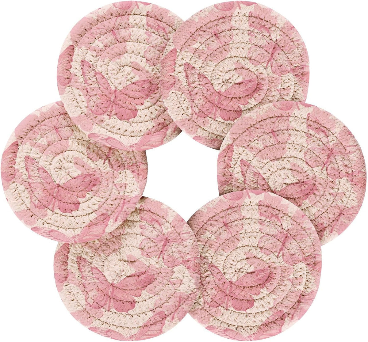 Pink Butterflies Drink Coasters Set - 6 Pcs Minimalist Woven Coasters with Holder for Home Decor, 3.94 Inch Absorbent Coasters for Drinks