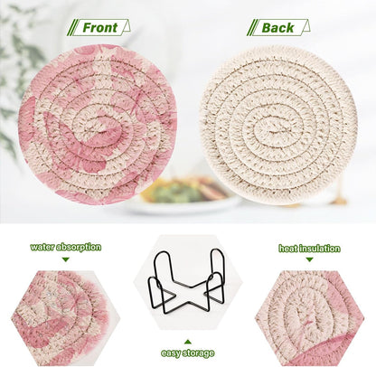 Pink Butterflies Drink Coasters Set - 6 Pcs Minimalist Woven Coasters with Holder for Home Decor, 3.94 Inch Absorbent Coasters for Drinks