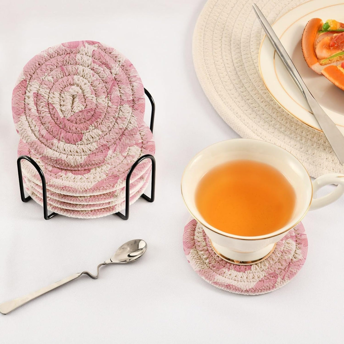 Pink Butterflies Drink Coasters Set - 6 Pcs Minimalist Woven Coasters with Holder for Home Decor, 3.94 Inch Absorbent Coasters for Drinks