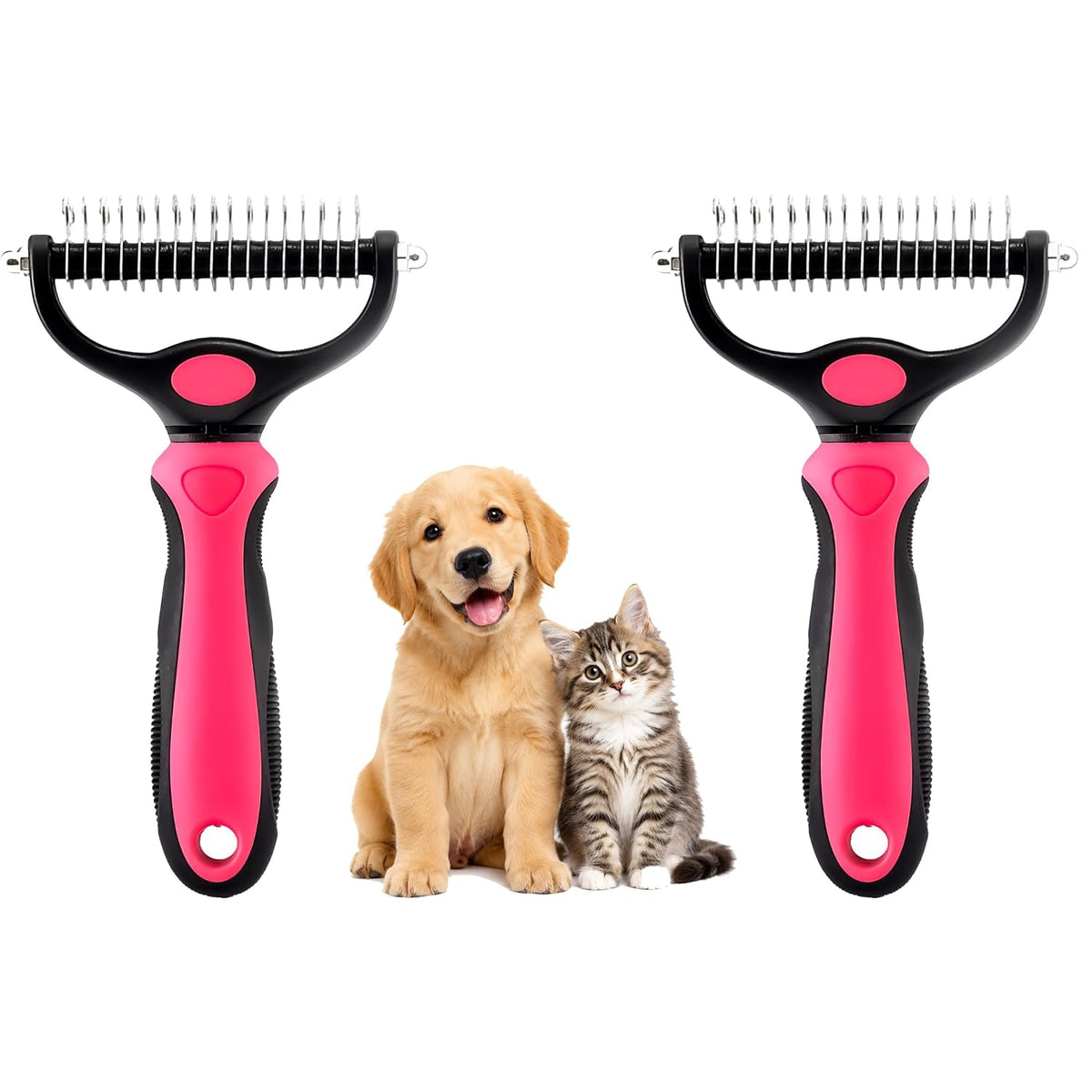 2-in-1 Double-Sided Pet Grooming Comb for Dogs & Cats - Deshedding Brush & Rounded-Tooth Dematting Tool | Painlessly Removes Knots, Tangles, Loose Undercoat & Fur in Thick/Long Coats (Pink -Large)