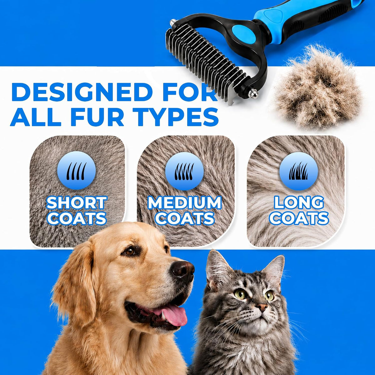2-in-1 Double-Sided Pet Grooming Comb for Dogs & Cats - Deshedding Brush & Rounded-Tooth Dematting Tool | Painlessly Removes Knots, Tangles, Loose Undercoat & Fur in Thick/Long Coats (Pink -Large)