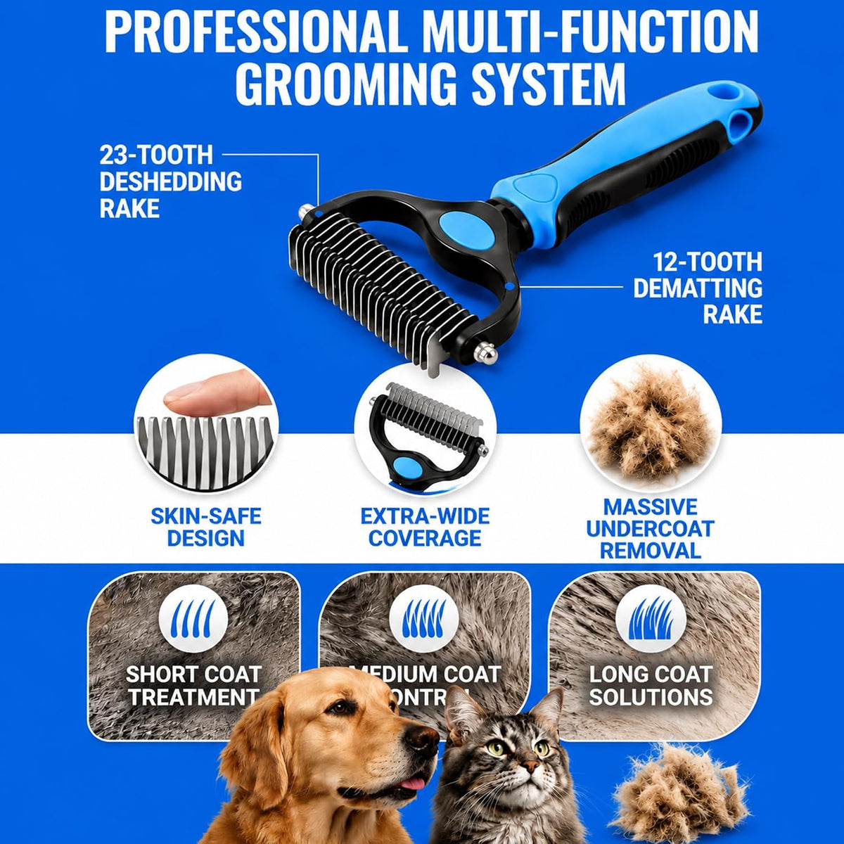 2-in-1 Double-Sided Pet Grooming Comb for Dogs & Cats - Deshedding Brush & Rounded-Tooth Dematting Tool | Painlessly Removes Knots, Tangles, Loose Undercoat & Fur in Thick/Long Coats (Pink -Large)