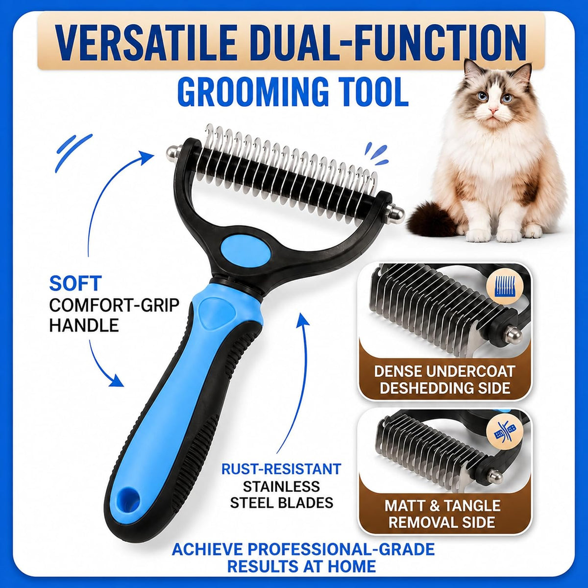 2-in-1 Double-Sided Pet Grooming Comb for Dogs & Cats - Deshedding Brush & Rounded-Tooth Dematting Tool | Painlessly Removes Knots, Tangles, Loose Undercoat & Fur in Thick/Long Coats (Pink -Large)