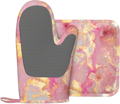 Pink Marble Pattern Oven Mitts and Pot Holders Sets, Home Silicone Heat Resistant BBQ Gloves for Kitchen Baking Cooking Grilling Microwave