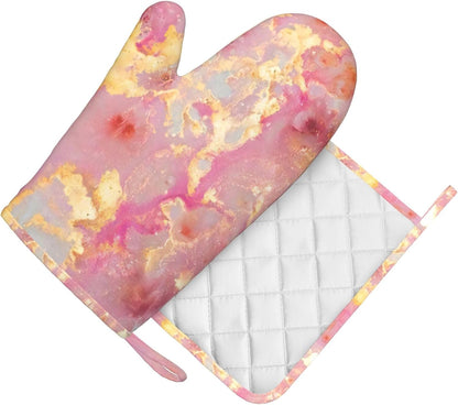 Pink Marble Pattern Oven Mitts and Pot Holders Sets, Home Silicone Heat Resistant BBQ Gloves for Kitchen Baking Cooking Grilling Microwave