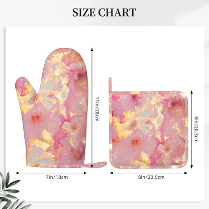 Pink Marble Pattern Oven Mitts and Pot Holders Sets, Home Silicone Heat Resistant BBQ Gloves for Kitchen Baking Cooking Grilling Microwave