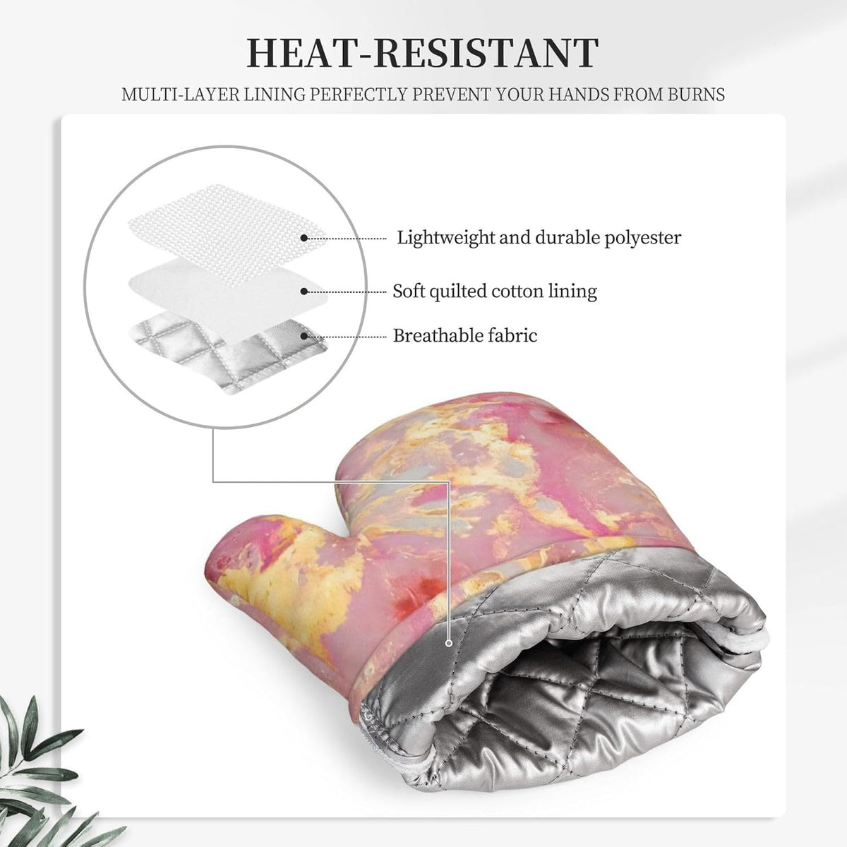 Pink Marble Pattern Oven Mitts and Pot Holders Sets, Home Silicone Heat Resistant BBQ Gloves for Kitchen Baking Cooking Grilling Microwave