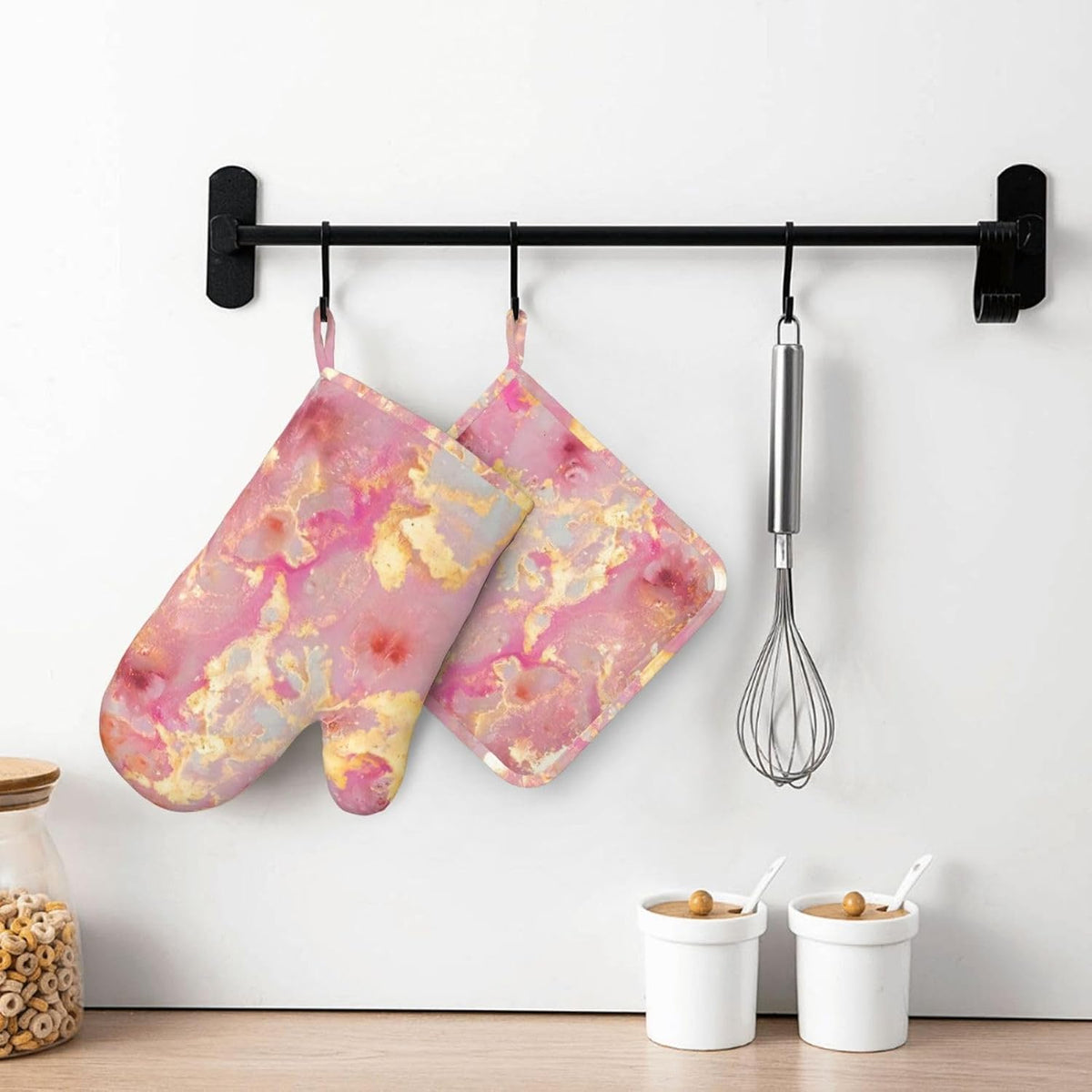 Pink Marble Pattern Oven Mitts and Pot Holders Sets, Home Silicone Heat Resistant BBQ Gloves for Kitchen Baking Cooking Grilling Microwave