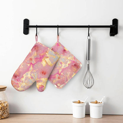 Pink Marble Pattern Oven Mitts and Pot Holders Sets, Home Silicone Heat Resistant BBQ Gloves for Kitchen Baking Cooking Grilling Microwave
