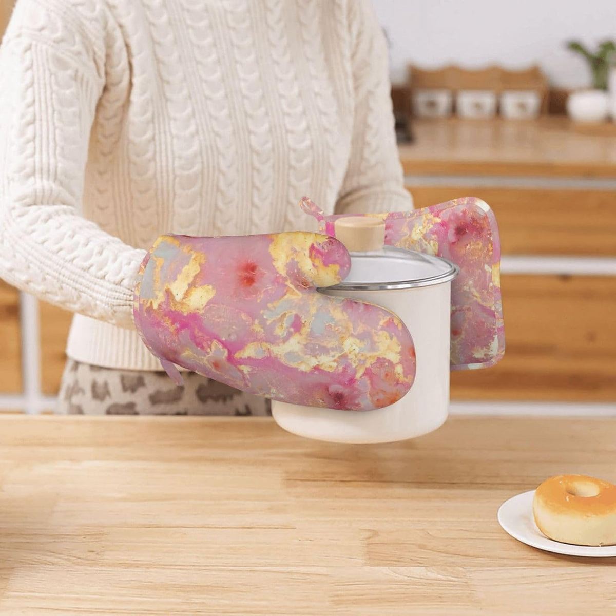 Pink Marble Pattern Oven Mitts and Pot Holders Sets, Home Silicone Heat Resistant BBQ Gloves for Kitchen Baking Cooking Grilling Microwave