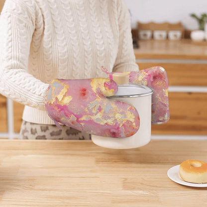 Pink Marble Pattern Oven Mitts and Pot Holders Sets, Home Silicone Heat Resistant BBQ Gloves for Kitchen Baking Cooking Grilling Microwave