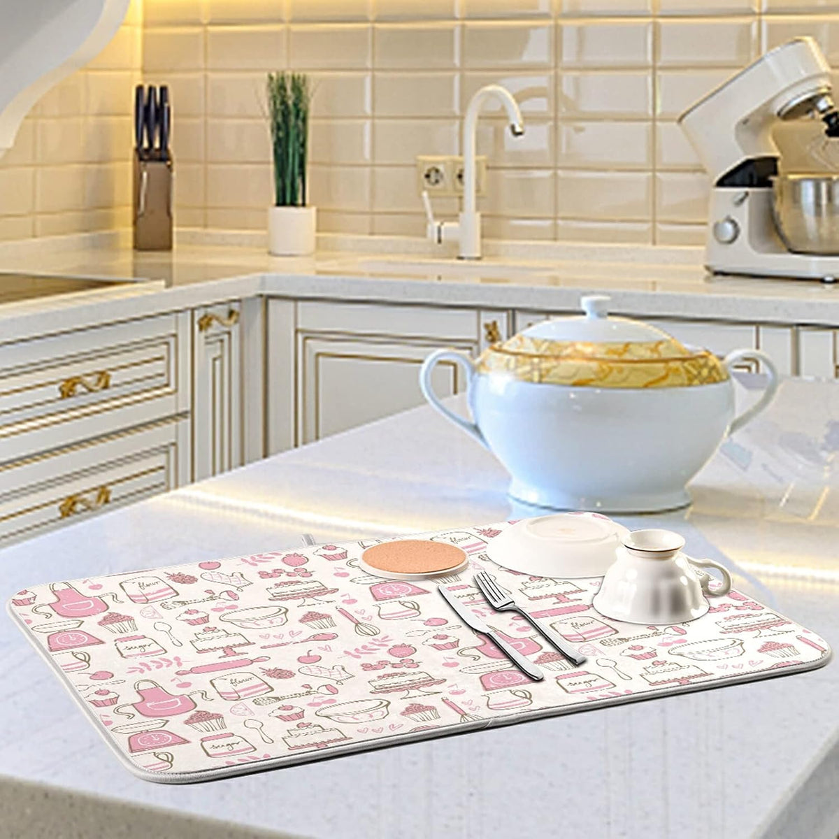 Pink Cookware Dish Drying Mat Large Kitchen Counter Reversible Microfiber Dishes Drainer Mat 18 x 24 Inch