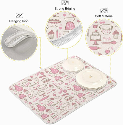 Pink Cookware Dish Drying Mat Large Kitchen Counter Reversible Microfiber Dishes Drainer Mat 18 x 24 Inch