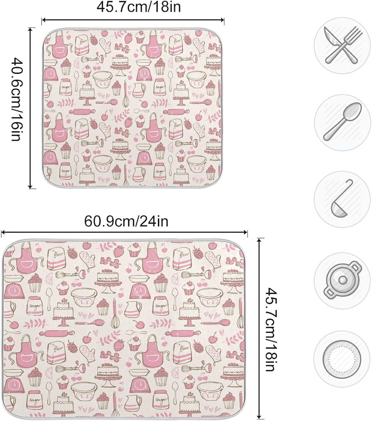 Pink Cookware Dish Drying Mat Large Kitchen Counter Reversible Microfiber Dishes Drainer Mat 18 x 24 Inch