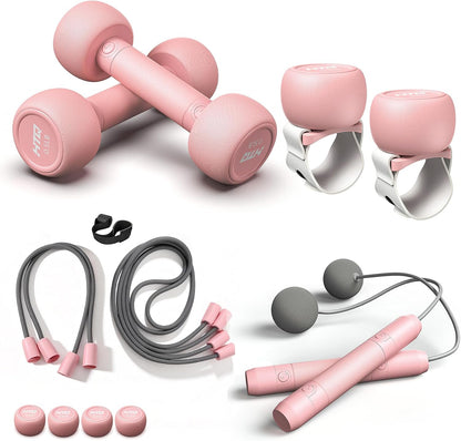 Adjustable Dumbbells, 5 in 1 Dumbbells Set Used as Barbell, Kettlebells, Jump Rope, Wrist Weights, Resistance Band, Fitness Exercises for Home Gym Suitable for Women, Pink/Green