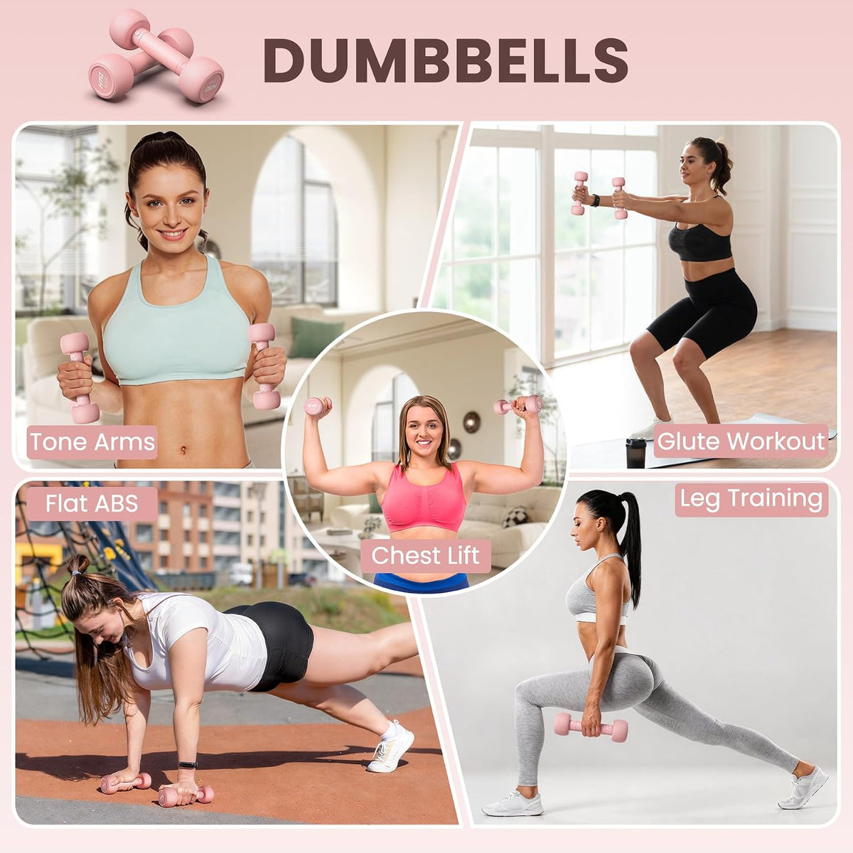 Adjustable Dumbbells, 5 in 1 Dumbbells Set Used as Barbell, Kettlebells, Jump Rope, Wrist Weights, Resistance Band, Fitness Exercises for Home Gym Suitable for Women, Pink/Green