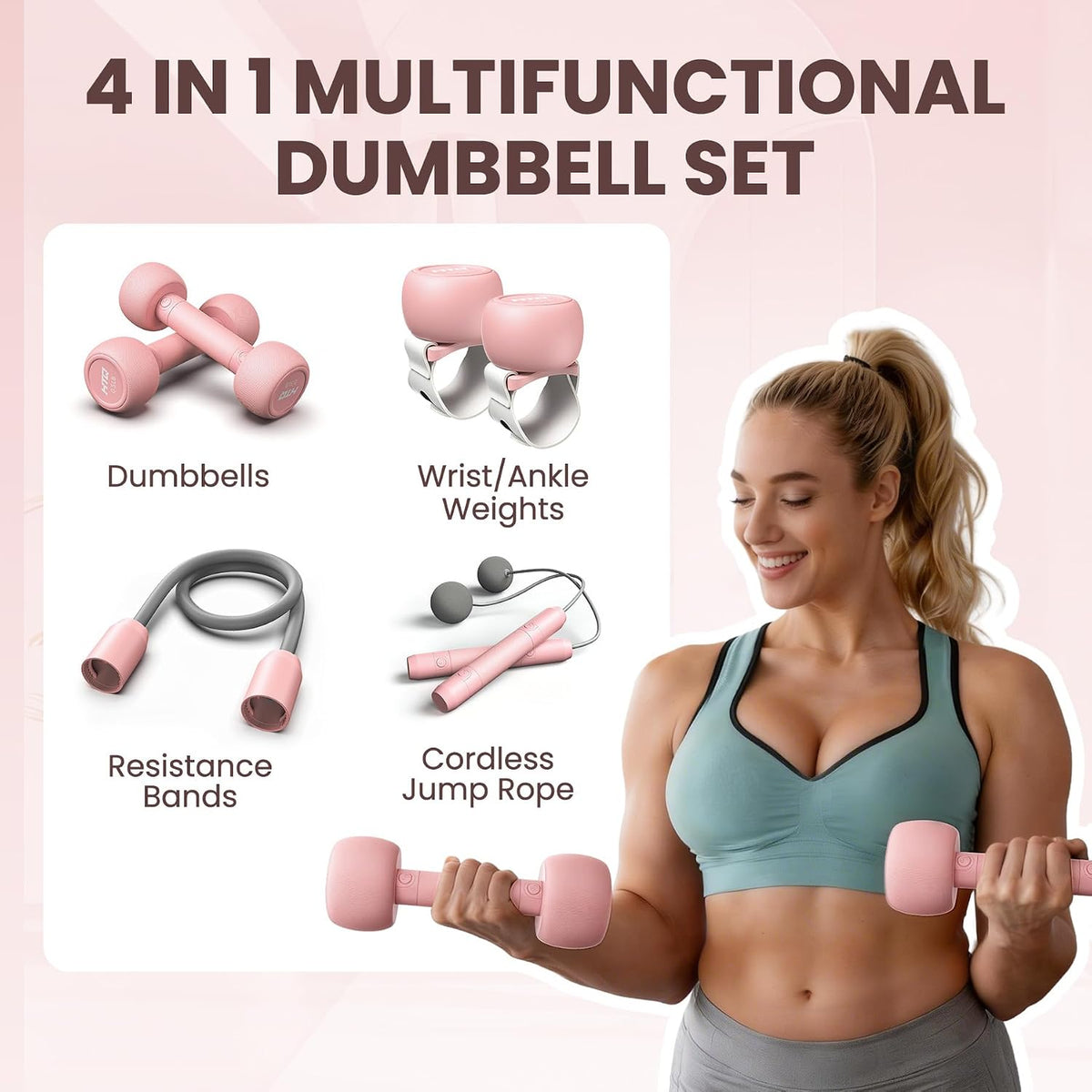 Adjustable Dumbbells, 5 in 1 Dumbbells Set Used as Barbell, Kettlebells, Jump Rope, Wrist Weights, Resistance Band, Fitness Exercises for Home Gym Suitable for Women, Pink/Green