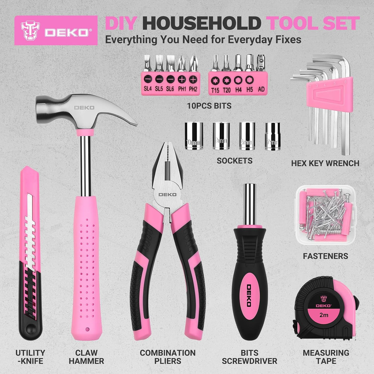 94 Piece Pink Tool Set, Household DIY Tool Kit for Women with Storage Toolbox, Small Basic Hand Tool Box Set for Home Repair, DIY, Apartment, Office
