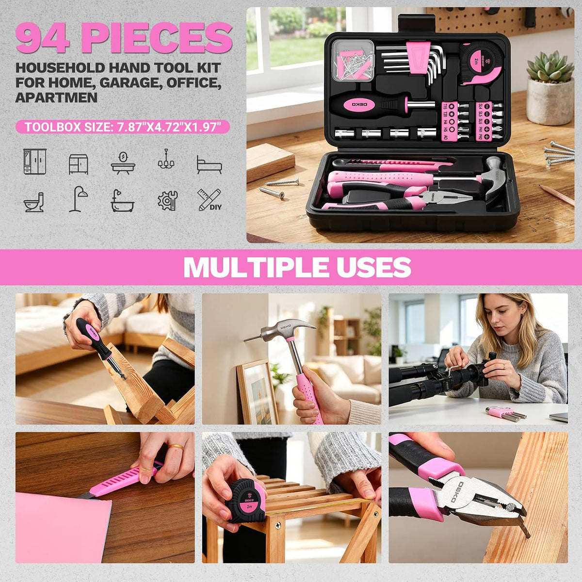 94 Piece Pink Tool Set, Household DIY Tool Kit for Women with Storage Toolbox, Small Basic Hand Tool Box Set for Home Repair, DIY, Apartment, Office
