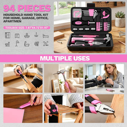 94 Piece Pink Tool Set, Household DIY Tool Kit for Women with Storage Toolbox, Small Basic Hand Tool Box Set for Home Repair, DIY, Apartment, Office