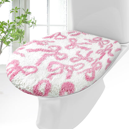 Toilet Lid Cover Washable Coquette Cute Plush Toilet Cover for Bathroom Decor Soft Microfiber 17.5 x 15 Inch Non Slip Rubber Backing Fits Most Round, Elongated(Rose Pink,Bow)
