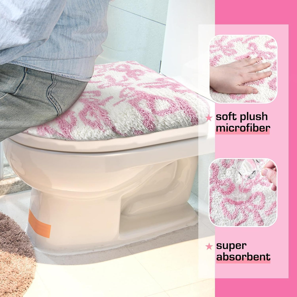 Toilet Lid Cover Washable Coquette Cute Plush Toilet Cover for Bathroom Decor Soft Microfiber 17.5 x 15 Inch Non Slip Rubber Backing Fits Most Round, Elongated(Rose Pink,Bow)
