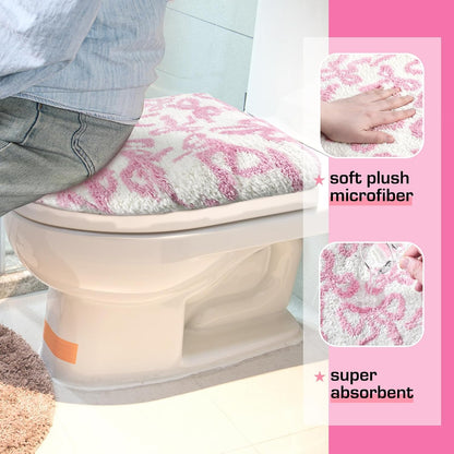 Toilet Lid Cover Washable Coquette Cute Plush Toilet Cover for Bathroom Decor Soft Microfiber 17.5 x 15 Inch Non Slip Rubber Backing Fits Most Round, Elongated(Rose Pink,Bow)