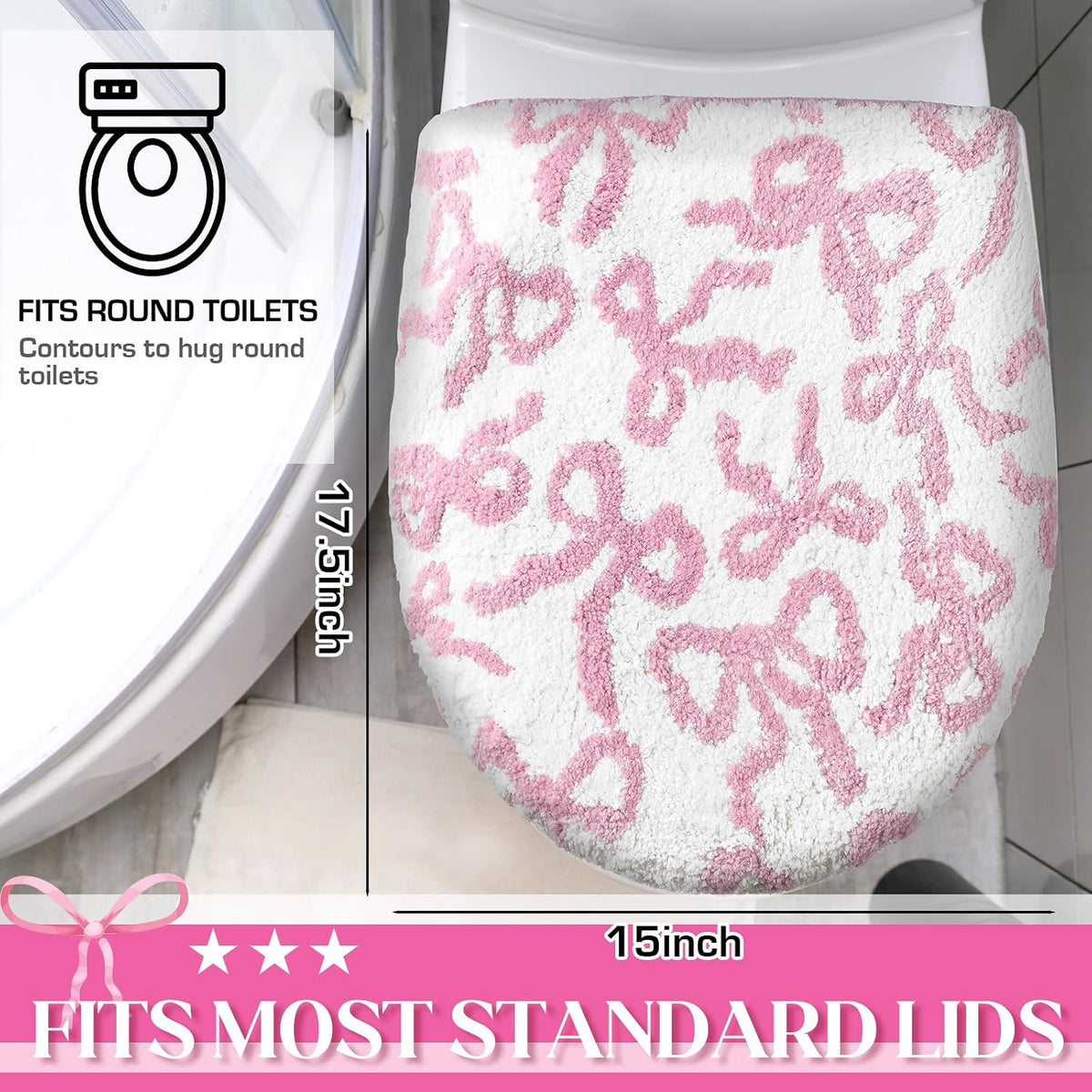 Toilet Lid Cover Washable Coquette Cute Plush Toilet Cover for Bathroom Decor Soft Microfiber 17.5 x 15 Inch Non Slip Rubber Backing Fits Most Round, Elongated(Rose Pink,Bow)