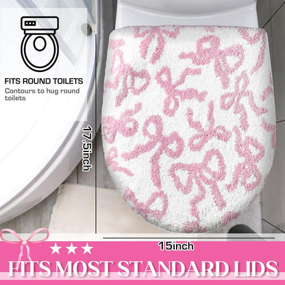 Toilet Lid Cover Washable Coquette Cute Plush Toilet Cover for Bathroom Decor Soft Microfiber 17.5 x 15 Inch Non Slip Rubber Backing Fits Most Round, Elongated(Rose Pink,Bow)