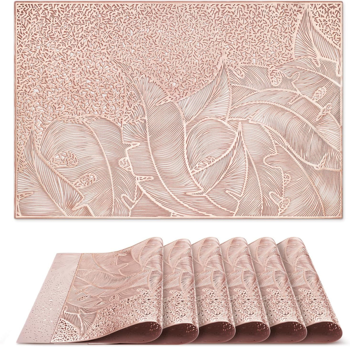 Rose Gold Leaf Pattern Rectangle Placemats, Set of 6, 18" x 12" Vinyl Hollow Out Metallic Table Mats for Dining Kitchen Home