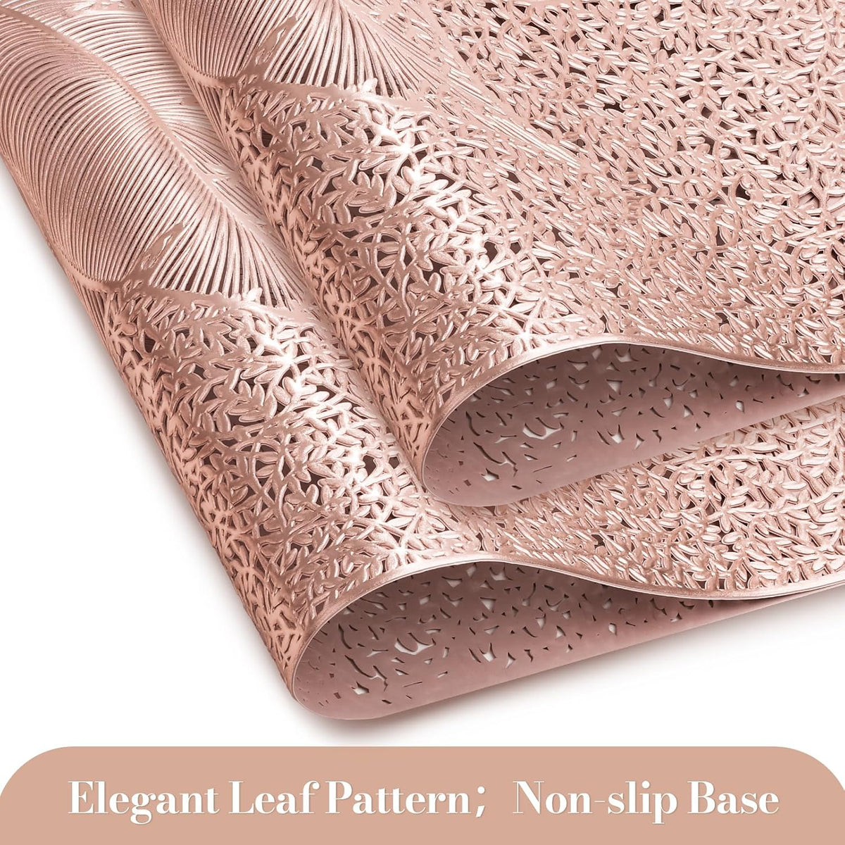 Rose Gold Leaf Pattern Rectangle Placemats, Set of 6, 18" x 12" Vinyl Hollow Out Metallic Table Mats for Dining Kitchen Home