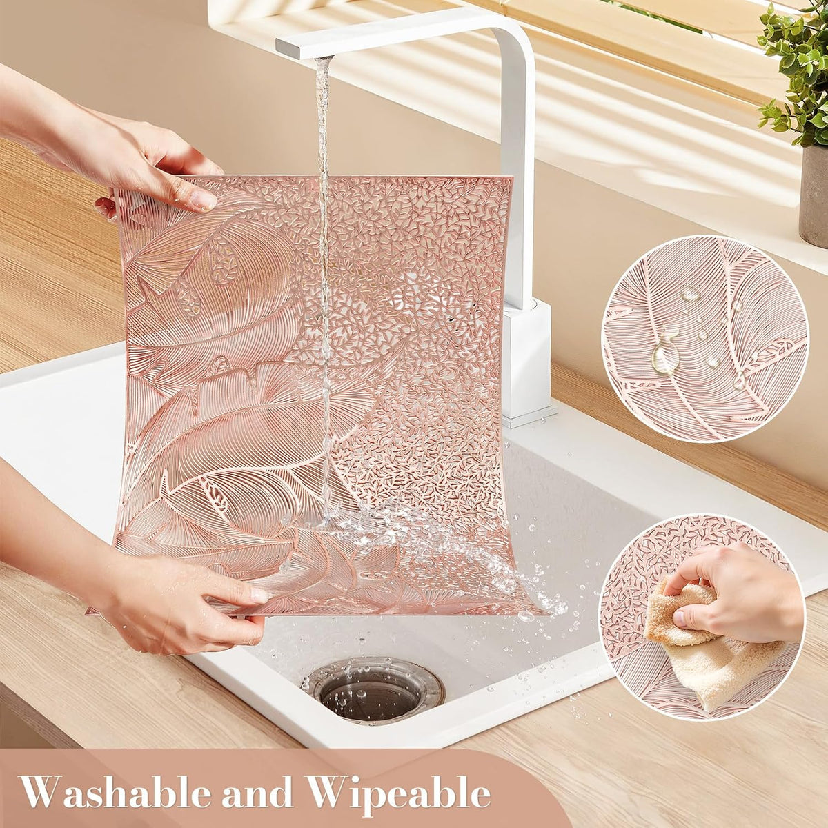 Rose Gold Leaf Pattern Rectangle Placemats, Set of 6, 18" x 12" Vinyl Hollow Out Metallic Table Mats for Dining Kitchen Home
