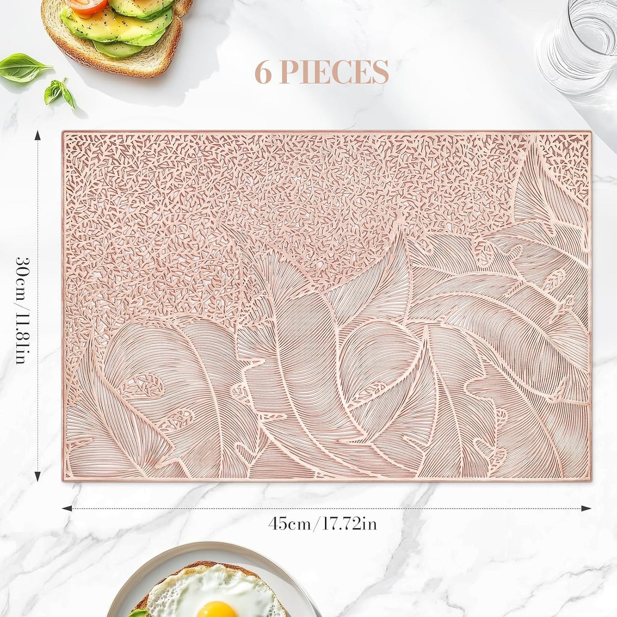 Rose Gold Leaf Pattern Rectangle Placemats, Set of 6, 18" x 12" Vinyl Hollow Out Metallic Table Mats for Dining Kitchen Home