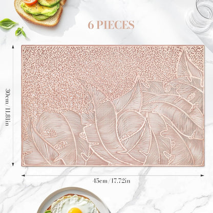 Rose Gold Leaf Pattern Rectangle Placemats, Set of 6, 18" x 12" Vinyl Hollow Out Metallic Table Mats for Dining Kitchen Home